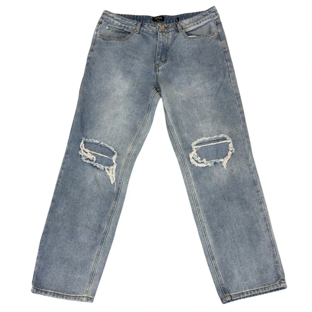 New‎ York Graphic boohooMAN Jeans Mens 34R Blue Distressed Ripped Straight Leg